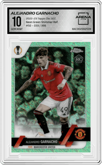 Alejandro Garnacho from the 2022-23 Topps Chrome UEFA Club Competitions set featuring a Neon Green Shimmer Refractor parallel graded by Arena Club and given an overall grade of 10.