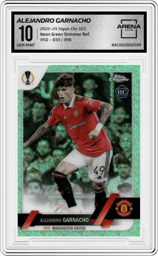 Alejandro Garnacho from the 2022-23 Topps Chrome UEFA Club Competitions set featuring a Neon Green Shimmer Refractor parallel graded by Arena Club and given an overall grade of 10.