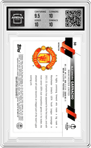 Alejandro Garnacho from the 2022-23 Topps Chrome UEFA Club Competitions set featuring a Refractor parallel graded by Arena Club and given an overall grade of 10.