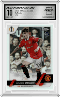 Alejandro Garnacho from the 2022-23 Topps Chrome UEFA Club Competitions set featuring a Refractor parallel graded by Arena Club and given an overall grade of 10.
