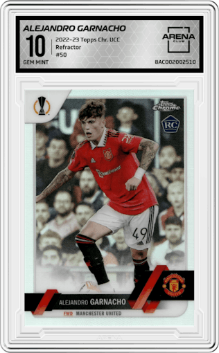 Alejandro Garnacho from the 2022-23 Topps Chrome UEFA Club Competitions set featuring a Refractor parallel graded by Arena Club and given an overall grade of 10.