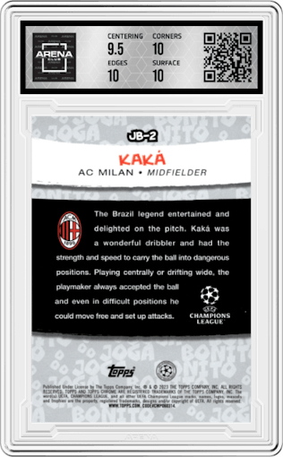 Kaka  from the 2022-23 Topps Chrome UEFA Club Competitions set graded by Arena Club and given an overall grade of 10.