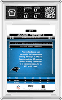 Julius Peppers from the 2006 Playoff Absolute Memorabilia set graded by Arena Club and given an overall grade of 4.