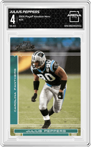 Julius Peppers from the 2006 Playoff Absolute Memorabilia set graded by Arena Club and given an overall grade of 4.