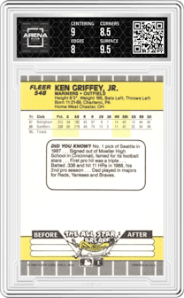 Ken Griffey Jr. from the 1989 Fleer set graded by Arena Club and given an overall grade of 8.5.