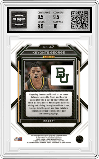Keyonte George  from the 2023-24 Panini Prizm Draft Picks set graded by Arena Club and given an overall grade of 10.