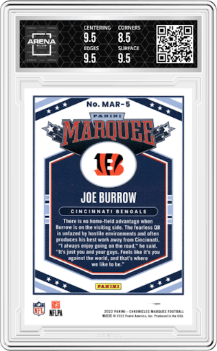 Joe Burrow from the 2022 Panini Chronicles set featuring a Pink parallel graded by Arena Club and given an overall grade of 9.