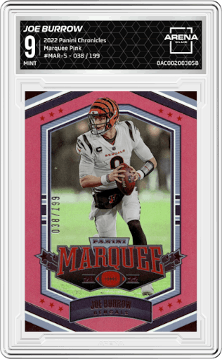 Joe Burrow from the 2022 Panini Chronicles set featuring a Pink parallel graded by Arena Club and given an overall grade of 9.