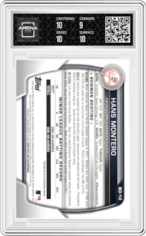 Hans Montero from the 2023 Bowman Draft set featuring a Sky Blue parallel graded by Arena Club and given an overall grade of 9.5.