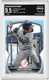 Hans Montero from the 2023 Bowman Draft set featuring a Sky Blue parallel graded by Arena Club and given an overall grade of 9.5.