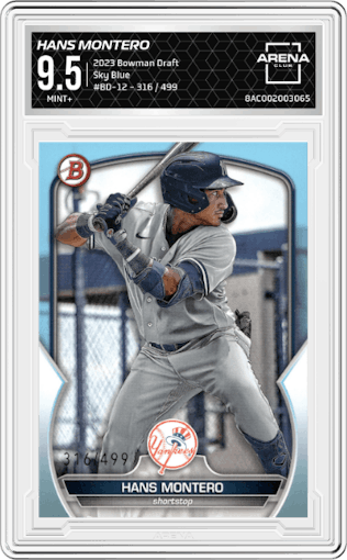 Hans Montero from the 2023 Bowman Draft set featuring a Sky Blue parallel graded by Arena Club and given an overall grade of 9.5.