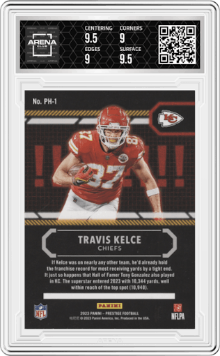 Travis Kelce from the 2023 Panini Prestige set graded by Arena Club and given an overall grade of 9.5.