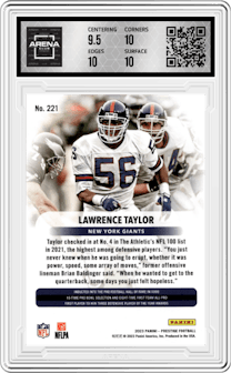 Lawrence Taylor from the 2023 Panini Prestige set graded by Arena Club and given an overall grade of 10.