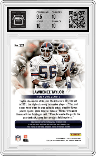 Lawrence Taylor from the 2023 Panini Prestige set graded by Arena Club and given an overall grade of 10.
