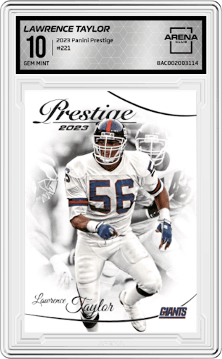 Lawrence Taylor from the 2023 Panini Prestige set graded by Arena Club and given an overall grade of 10.