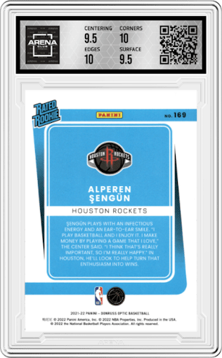 Alperen Sengun from the 2021-22 Panini Donruss Optic set graded by Arena Club and given an overall grade of 10.
