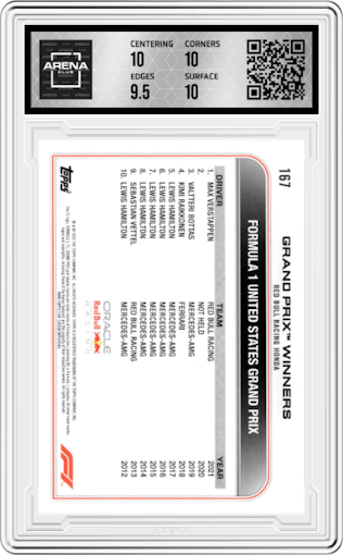 Max Verstappen from the 2022 Topps F1 set graded by Arena Club and given an overall grade of 10.