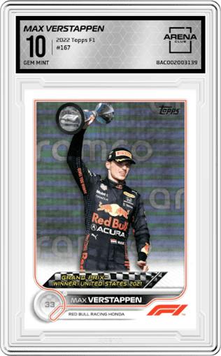 Max Verstappen from the 2022 Topps F1 set graded by Arena Club and given an overall grade of 10.