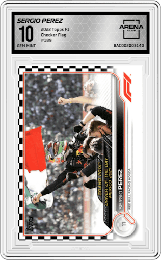 Sergio Perez from the 2022 Topps F1 set featuring a Checker Flag parallel graded by Arena Club and given an overall grade of 10.