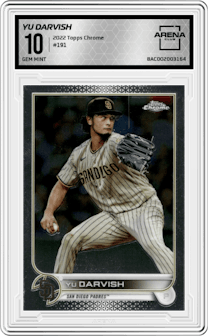Yu Darvish from the 2022 Topps Chrome set graded by Arena Club and given an overall grade of 10.