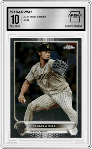 Yu Darvish from the 2022 Topps Chrome set graded by Arena Club and given an overall grade of 10.