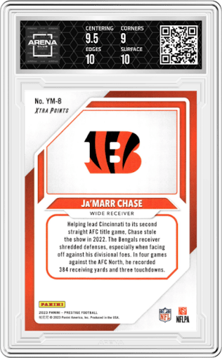 Ja'Marr Chase from the 2023 Panini Prestige set featuring a Xtra Points Blue parallel graded by Arena Club and given an overall grade of 9.5.