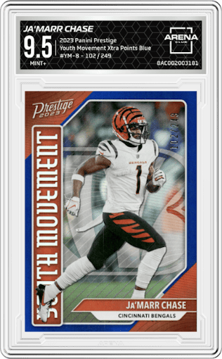 Ja'Marr Chase from the 2023 Panini Prestige set featuring a Xtra Points Blue parallel graded by Arena Club and given an overall grade of 9.5.