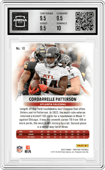 Cordarrelle Patterson from the 2023 Panini Prestige set featuring a Xtra Points Red parallel graded by Arena Club and given an overall grade of 10.