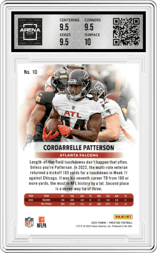 Cordarrelle Patterson from the 2023 Panini Prestige set featuring a Xtra Points Red parallel graded by Arena Club and given an overall grade of 10.