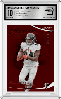 Cordarrelle Patterson from the 2023 Panini Prestige set featuring a Xtra Points Red parallel graded by Arena Club and given an overall grade of 10.
