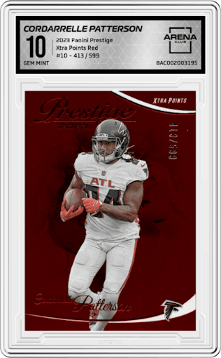 Cordarrelle Patterson from the 2023 Panini Prestige set featuring a Xtra Points Red parallel graded by Arena Club and given an overall grade of 10.