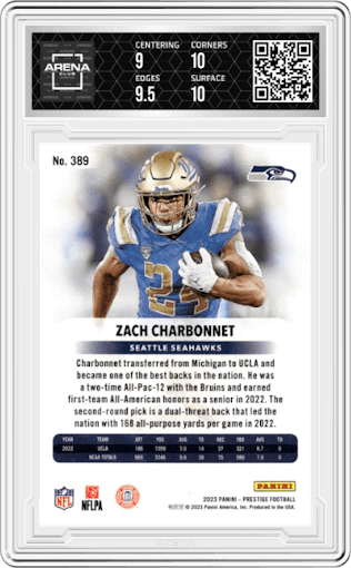 Zach Charbonnet from the 2023 Panini Prestige set featuring a Xtra Points Premium Red parallel graded by Arena Club and given an overall grade of 9.5.