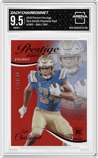 Zach Charbonnet from the 2023 Panini Prestige set featuring a Xtra Points Premium Red parallel graded by Arena Club and given an overall grade of 9.5.