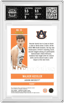 Walker Kessler from the 2022-23 Panini Chronicles Draft Picks set graded by Arena Club and given an overall grade of 9.5.