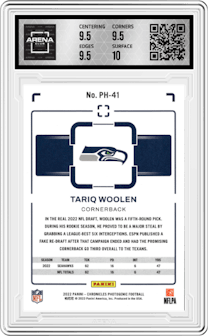 Tariq Woolen from the 2022 Panini Chronicles set featuring a Teal parallel graded by Arena Club and given an overall grade of 10.