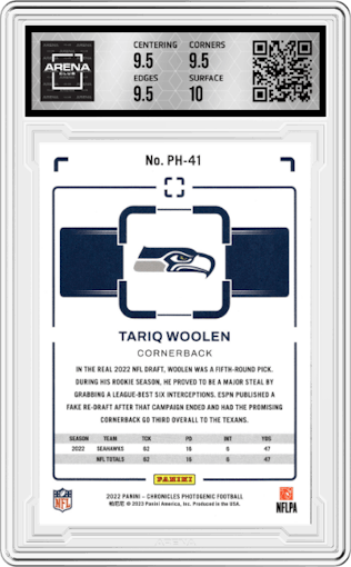Tariq Woolen from the 2022 Panini Chronicles set featuring a Teal parallel graded by Arena Club and given an overall grade of 10.