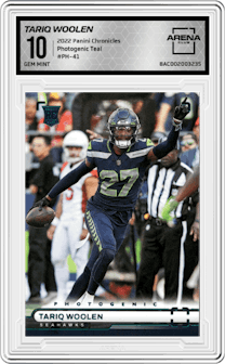 Tariq Woolen from the 2022 Panini Chronicles set featuring a Teal parallel graded by Arena Club and given an overall grade of 10.