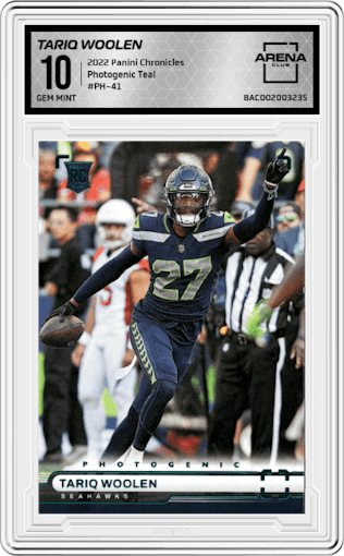 Tariq Woolen from the 2022 Panini Chronicles set featuring a Teal parallel graded by Arena Club and given an overall grade of 10.