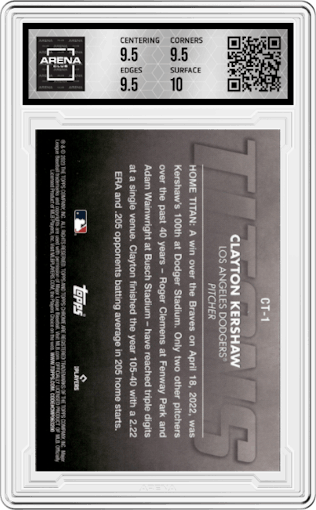 Clayton Kershaw from the 2023 Topps Chrome set graded by Arena Club and given an overall grade of 10.