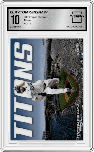 Clayton Kershaw from the 2023 Topps Chrome set graded by Arena Club and given an overall grade of 10.