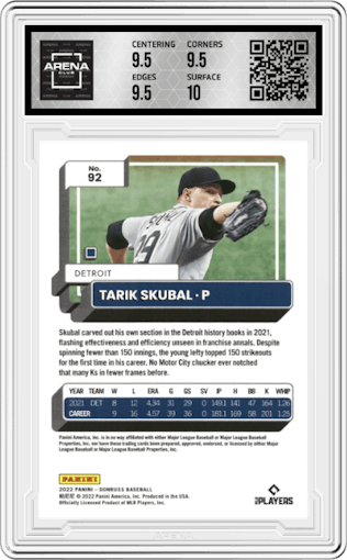 Tarik Skubal from the 2022 Panini Donruss set featuring a Holo Pink parallel graded by Arena Club and given an overall grade of 10.