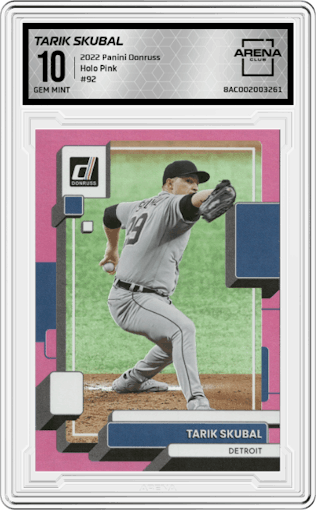 Tarik Skubal from the 2022 Panini Donruss set featuring a Holo Pink parallel graded by Arena Club and given an overall grade of 10.
