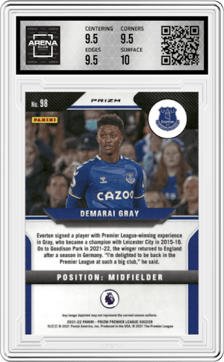 Demarai Gray from the 2021-22 Panini Prizm Premier League set featuring a Orange Mojo parallel graded by Arena Club and given an overall grade of 10.