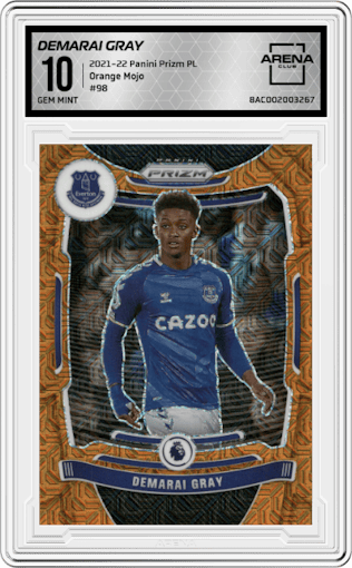 Demarai Gray from the 2021-22 Panini Prizm Premier League set featuring a Orange Mojo parallel graded by Arena Club and given an overall grade of 10.