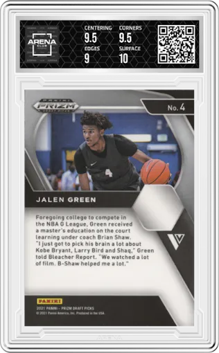 Jalen Green from the 2021-22 Panini Prizm Draft Picks set graded by Arena Club and given an overall grade of 9.5.