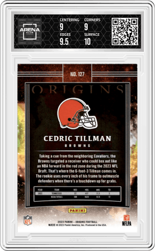 Cedric Tillman from the 2023 Panini Origins set graded by Arena Club and given an overall grade of 9.5.