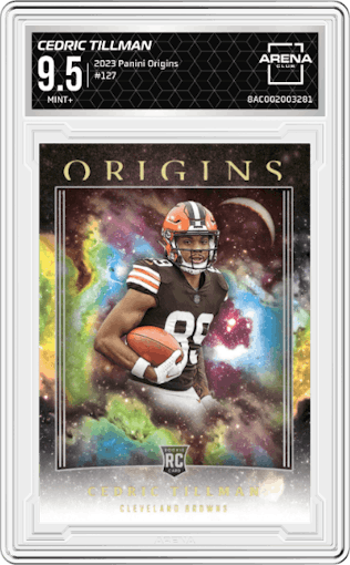 Cedric Tillman from the 2023 Panini Origins set graded by Arena Club and given an overall grade of 9.5.