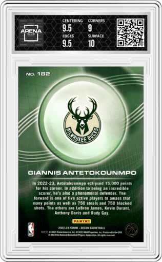 Giannis Antetokounmpo from the 2022-23 Panini Recon set graded by Arena Club and given an overall grade of 9.5.