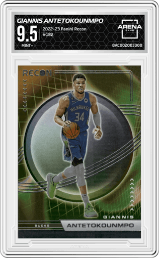 Giannis Antetokounmpo from the 2022-23 Panini Recon set graded by Arena Club and given an overall grade of 9.5.