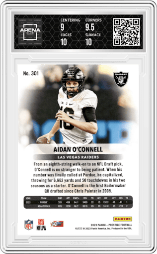 Aidan O'Connell from the 2023 Panini Prestige set graded by Arena Club and given an overall grade of 9.5.